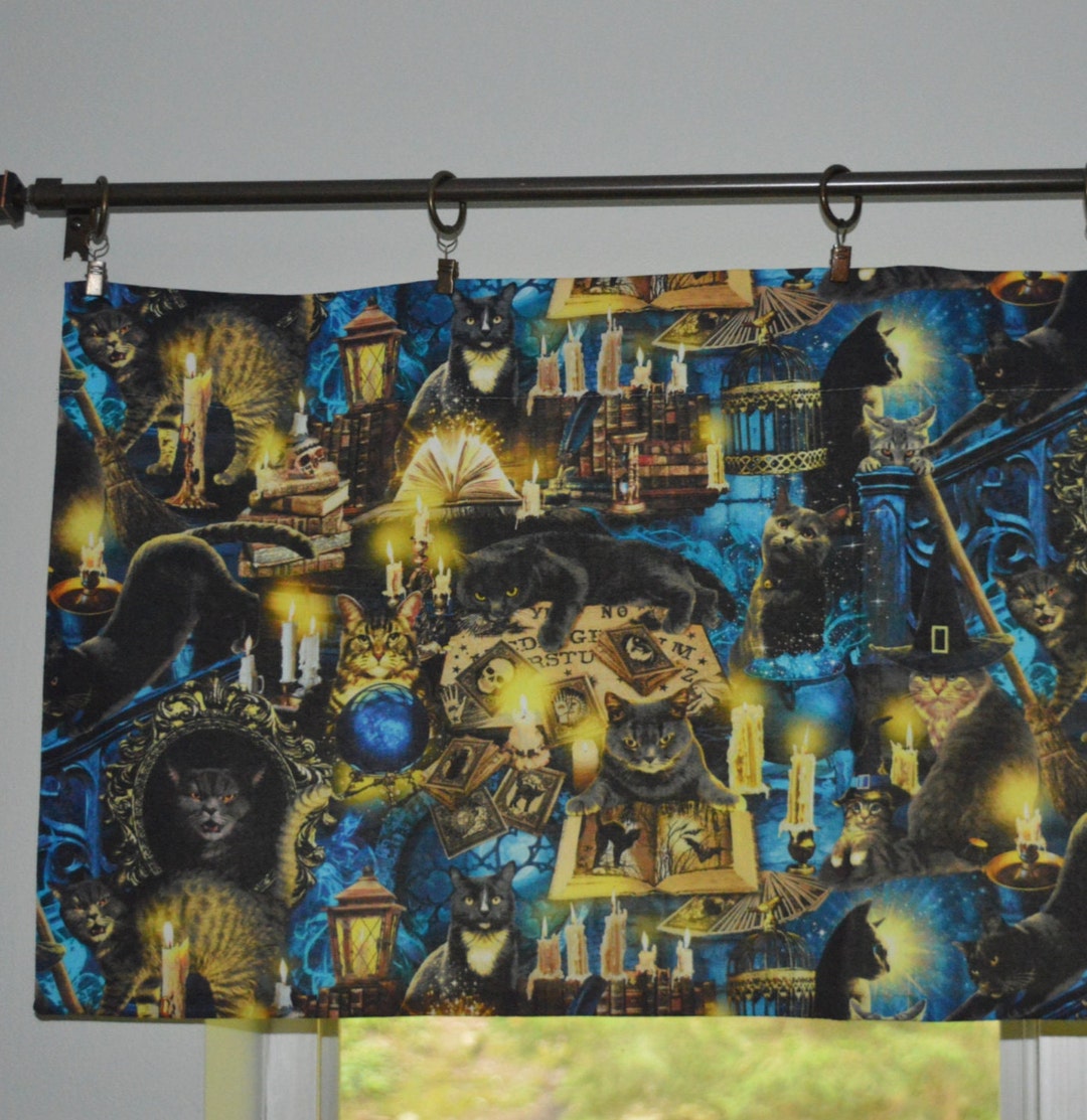Mystic Spooky Black Cat Kitchen Valance . Halloween Curtains