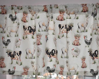 Kitchen Window Valance . Farmhouse Curtains . Farm Animals . Lined or Unlined