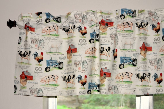Country Kitchen Farmhouse Valances . Lightweight Cotton . Barnyard Dairy Farm . Roosters . Tractors  . Cottage Curtains