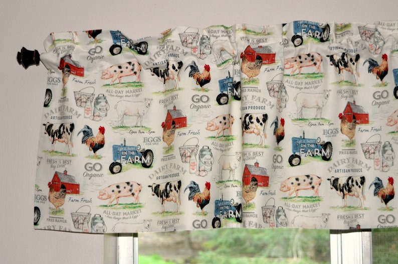 Country Kitchen Farmhouse Valances . Lightweight Cotton . Barnyard Dairy Farm . Roosters . Tractors . Cottage Curtains image 1
