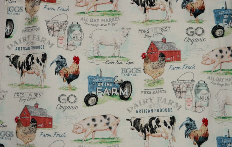 Country Kitchen Farmhouse Valances . Lightweight Cotton . Barnyard Dairy Farm . Roosters . Tractors . Cottage Curtains image 5