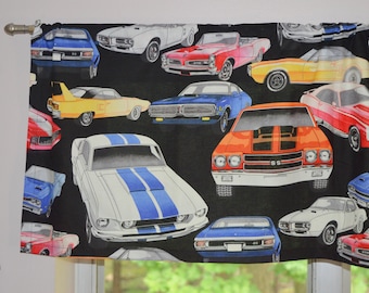 Retro Muscle Car Valances .  Vintage Car Garage . Man Cave . Camaro . Firebird . Chevelle. Convertible