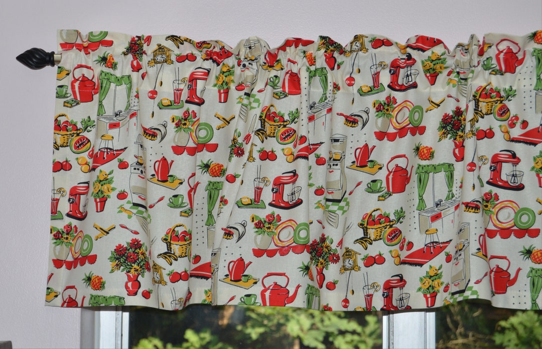 Retro Kitchen Valance and Cafe Curtains . Kitchen Kitchky . Red With