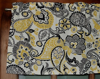 Kitchen Window Valance . Gray Paisley Valance . Gray and Yellow Paisley Floral Curtains . Gray Yellow and Black Valance . Unlined or Lined