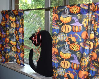 Halloween Cafe Curtains: Pumpkin, Witch Hat & Black Cat Cotton Tiers
