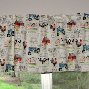 Country Kitchen Farmhouse Valances . Lightweight Cotton . Barnyard Dairy Farm . Roosters . Tractors . Cottage Curtains image 4