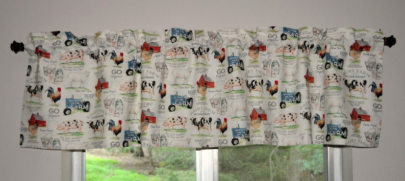 Country Kitchen Farmhouse Valances . Lightweight Cotton . Barnyard Dairy Farm . Roosters . Tractors . Cottage Curtains image 4