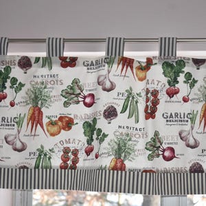 Tab Top Kitchen Curtains . Garden Vegetable with Stripe Ticking Trim . Lined or Unlined