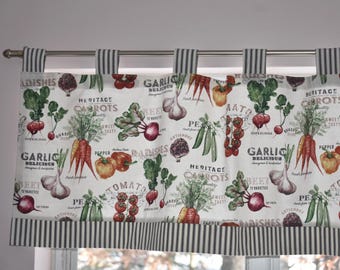 Tab Top Kitchen Curtains . Garden Vegetable with Stripe Ticking Trim . Lined or Unlined