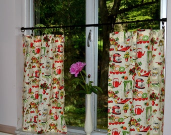 Retro Kitchen Cafe Curtains: 1950s Red Print, Lightweight Cotton Tiers