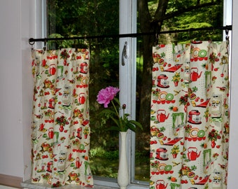 Mid Century Kitchen Café Curtains . Retro Red Vintage Tiers . Cute 1950's Window Half Curtains . LIGHTWEIGHT COTTON