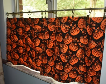 Halloween Pumpkin Kitchen Curtains, Black & Orange Batik Cotton Cafe Tiers