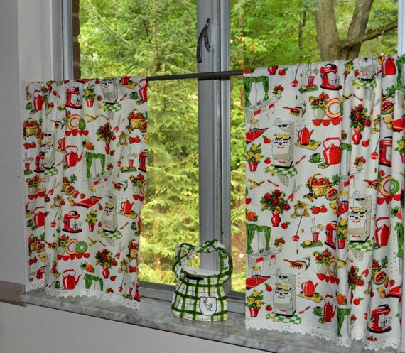 Retro Kitchen Cafe Curtain Red Yellow Green Vintage Kitchen Etsy