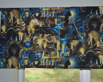 Mystic Spooky Black Cat Kitchen Valance . Halloween Curtains . LIGHTWEIGHT Cotton . Ouiji Spirit . Look at This Cute Fabric