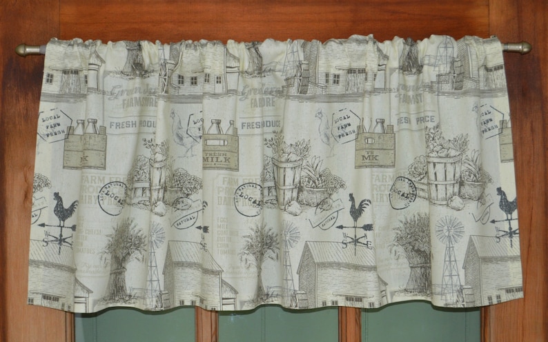 Unlined or Lined Country Valance Farmhouse Valance Cottage Curtains Charcoal Gray and White Valance Farm Toile Rooster Valance