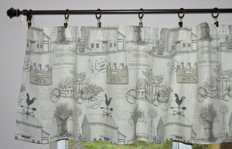 Unlined or Lined Country Valance Farmhouse Valance Cottage Curtains Charcoal Gray and White Valance Farm Toile Rooster Valance