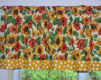 Autumn Sunflower Valance . Polka Dot Trim . Fall Home Décor . LIGHTWEIGHT Fabric . Lined or Unlined