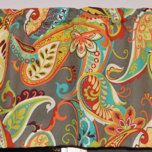 Gray Paisley  kitchen Valance . Whimsey Paisley Mardi Gras  by Covington . Colorful Gray and Turquoise Valance . Unlined or Lined