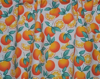 Retro Orange Kitchen Valance – Citrus Blossoms & Slices – LIGHTWEIGHT Cotton – Lined or Unlined