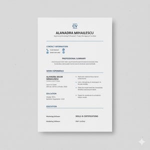 Può includere: Un modello di curriculum vitae professionale con il nome ALANADRA MIHAILESCU in alto. Il curriculum include sezioni per informazioni di contatto, riepilogo professionale, esperienza lavorativa, istruzione e competenze e certificazioni. Il curriculum è azzurro e bianco.