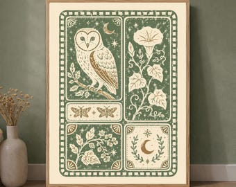 Puede incluir: Una lámina de arte mural rectangular con fondo crema, borde verde oscuro y cuatro paneles distintos. Los paneles muestran una lechuza sobre una rama, una flor de gloria de la mañana, dos polillas, ramas botánicas con hojas y una luna creciente.
