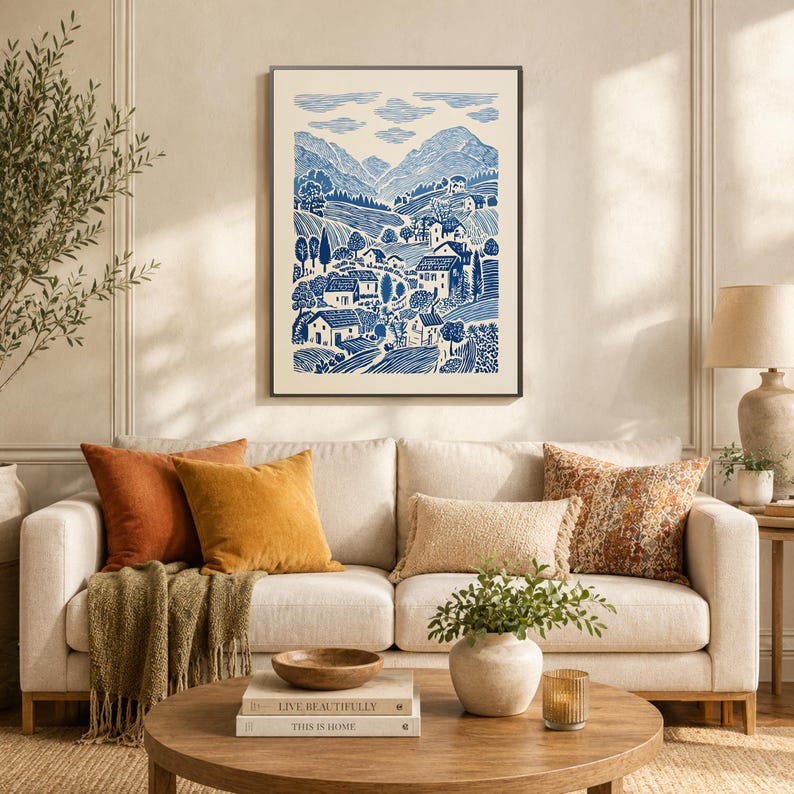 Blue Linocut Style Folk Landscape, Cottage Countryside Village Wall Art 画像 5