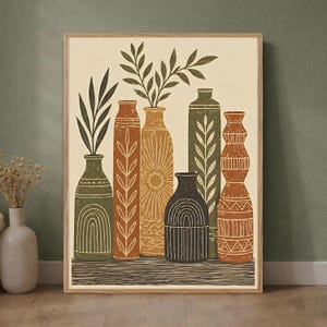 May include: A framed wall art print featuring a collection of six stylized vases in shades of olive green, terracotta, and dark brown. The vases are decorated with various patterns including leaves, sunbursts, and arches, set against a cream background.