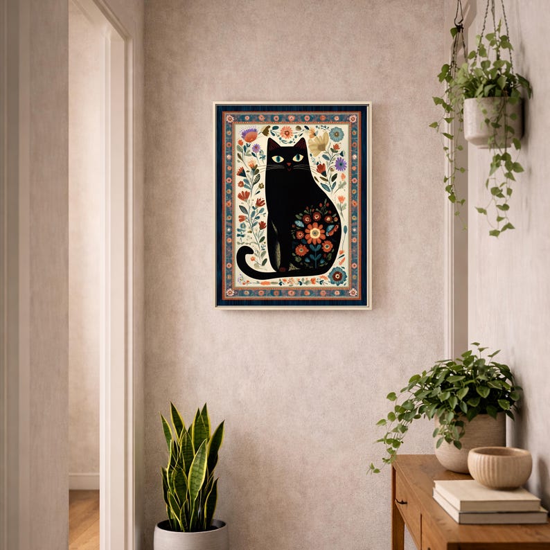 Folk Art Black Cat Print With Flowers Whimsical Vintage Cat Wall Art - Etsy