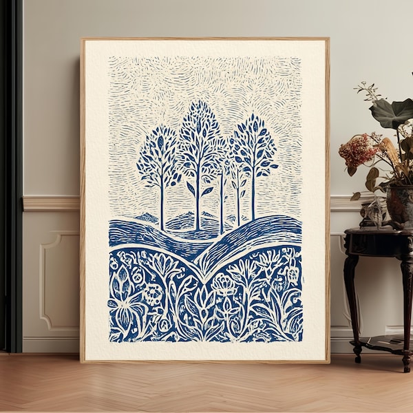 Arte de parede botânica folclórica azul, impressão em linóleo de paisagem arbórea