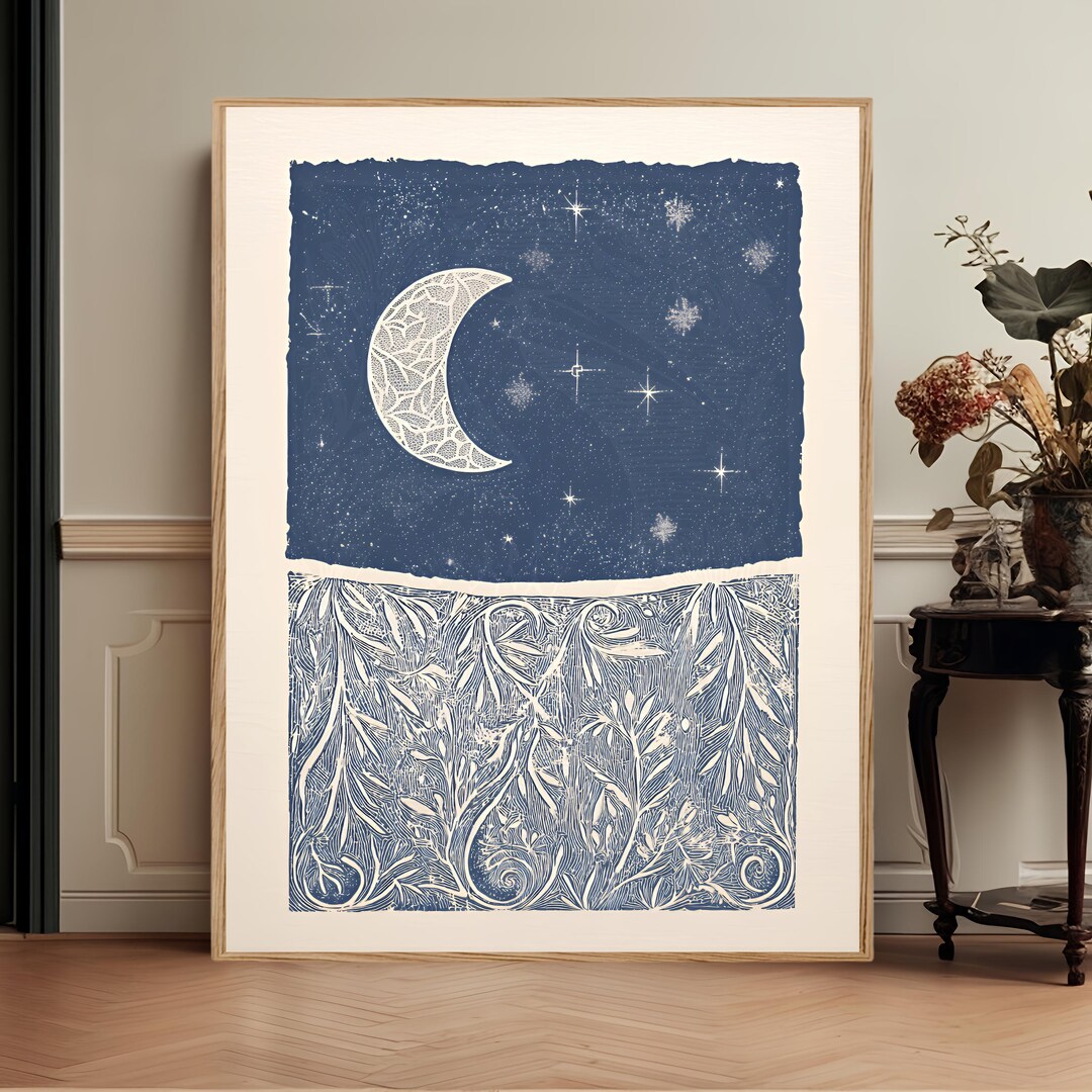 Scandinavian Celestial Moon Wall Art, Botanical Cosmic Lunar Sky Print ...