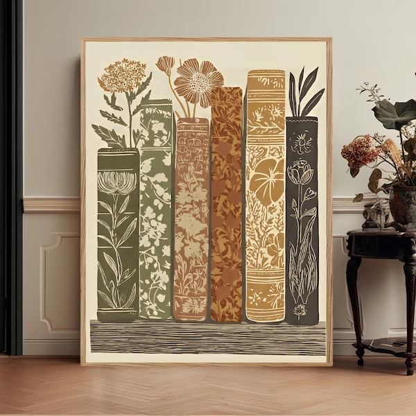 Arte mural botánico popular con libros en tonos tierra, estampado floral vintage, decoración inspirada en la naturaleza.