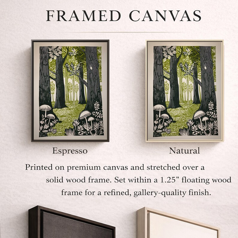 Green Folk Art Forest Mushrooms Print, Scandinavian Nature Landscape image 5