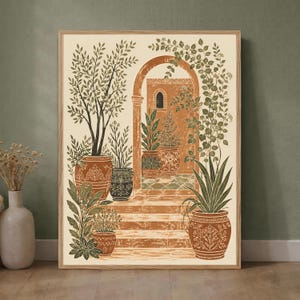 May include: A rectangular wall art print featuring a terracotta-colored archway and stone steps surrounded by various potted plants. The illustration uses a palette of cream, olive green, and burnt orange to depict foliage and decorative ceramic pots.