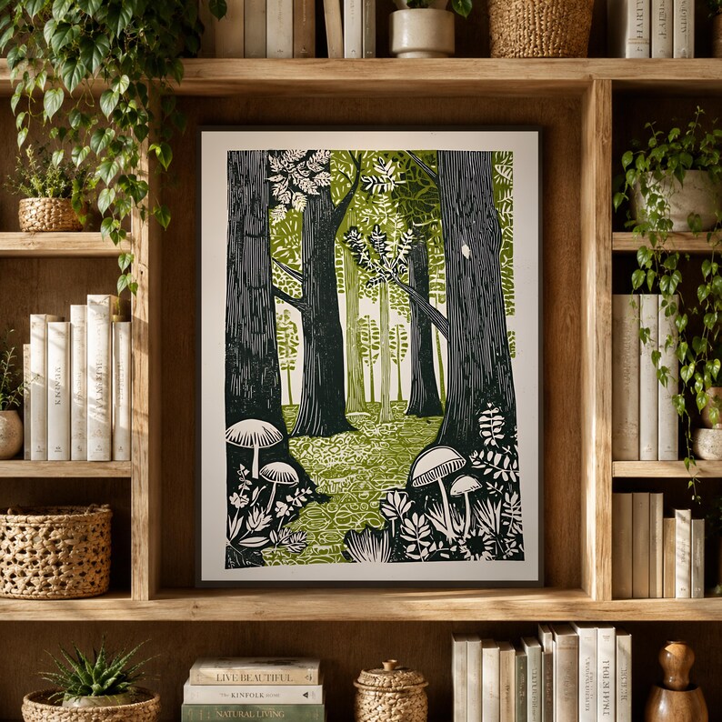 Green Folk Art Forest Mushrooms Print, Scandinavian Nature Landscape image 10