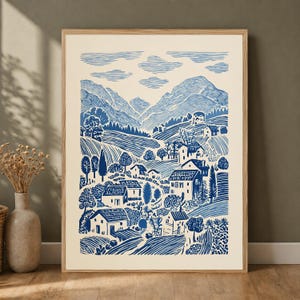 Blue Linocut Style Folk Landscape, Cottage Countryside Village Wall Art 画像 13