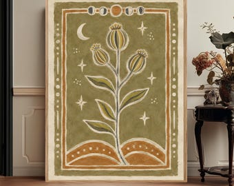 Puede incluir: Una impresión de arte mural rectangular en un marco de madera clara con un fondo verde oliva y una ilustración botánica central de una planta con tres vainas, rodeada de estrellas blancas, una luna creciente y un ciclo de fases lunares.
