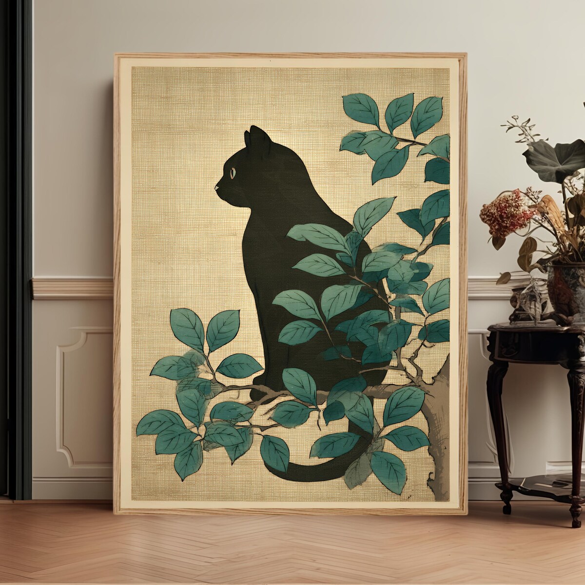 Black Cat Folk Art Print, Woodblock Style Animal Illustration