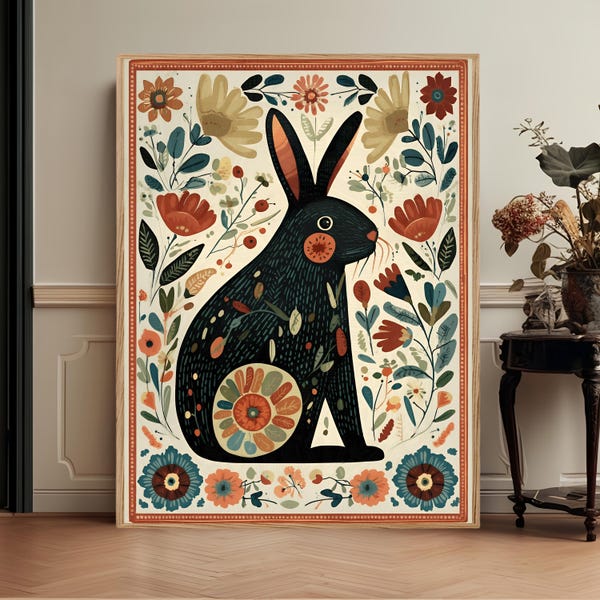 Folk Rabbit Wall Art Print, Scandinavian Bunny Floral Art, Whimsical Animal Decor