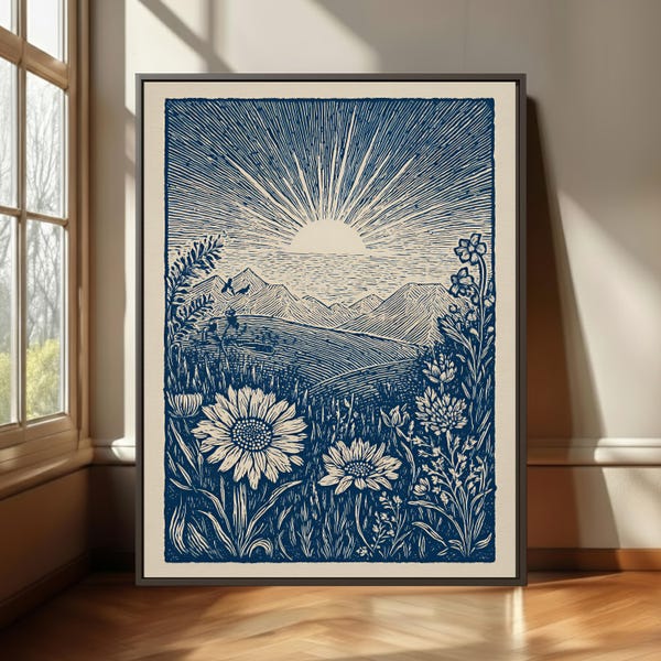 Impressão de paisagem em estilo folclórico azul, arte botânica em tela no estilo linogravura.