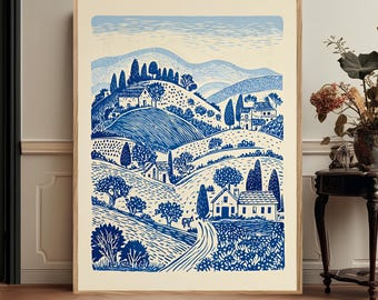 Vintage Nature Landscape Print, Blue Linocut Style Rustic Folk Art Canvas