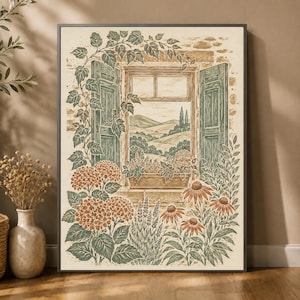 May include: A framed wall art print featuring a detailed illustration of an open window with green shutters, overlooking a rolling landscape. The scene includes a window box with flowers, climbing vines, and clusters of orange hydrangeas.