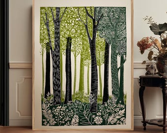 Forest Green Woodland Wall Art, Nature Botanical Illustration, Scandinavian Minimalist Decor