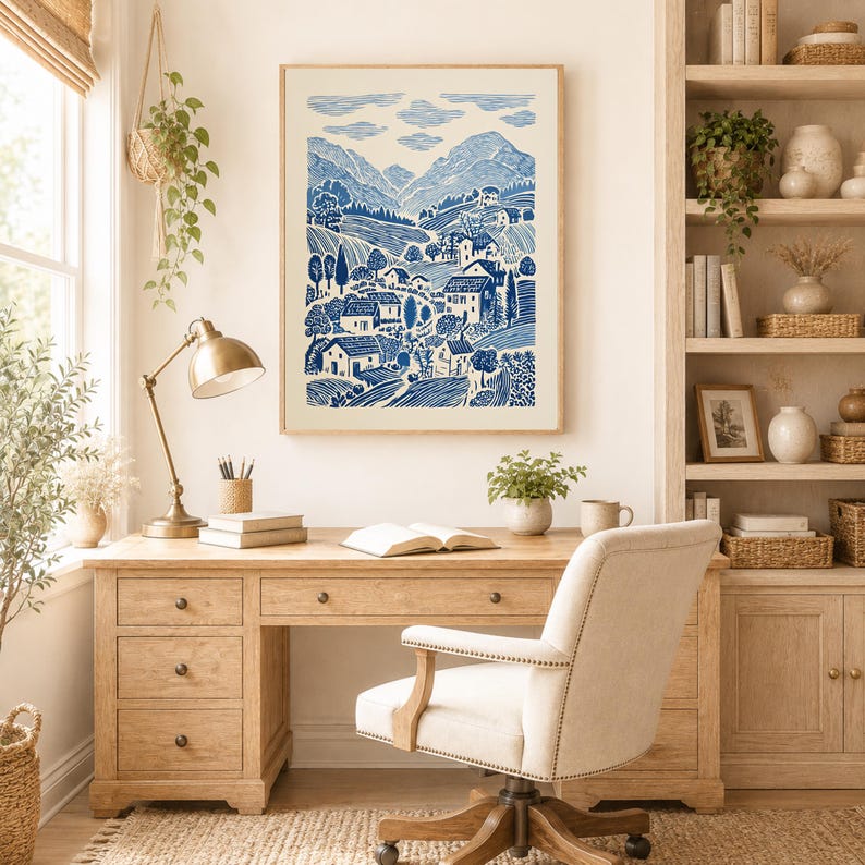 Blue Linocut Style Folk Landscape, Cottage Countryside Village Wall Art 画像 7