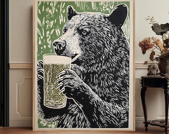 Folk Animal Bear Print, Funny Nature Linocut Style Art, Brewery Wall Decor