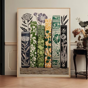 Botanical Book Stack Wall Art, Folk Floral Library Print, Vintage Nature Decor