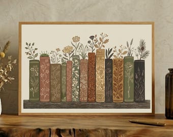 Warm Earth Tone Floral Wall Print, Horizontal Botanical Library Art Canvas