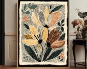Boho Floral Earthy Color Palette Wall Art Print, Linocut Style Botanical Poster, Minimalist Flower Illustration, Rustic Nature Decor