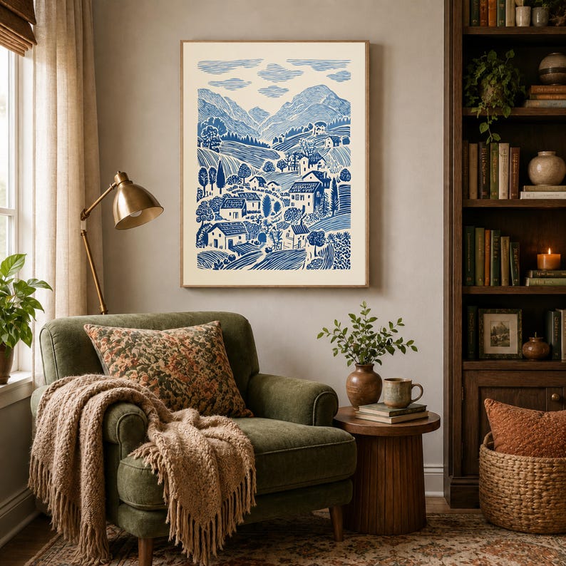 Blue Linocut Style Folk Landscape, Cottage Countryside Village Wall Art 画像 3