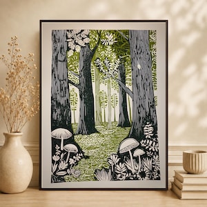 Green Folk Art Forest Mushrooms Print, Scandinavian Nature Landscape image 2