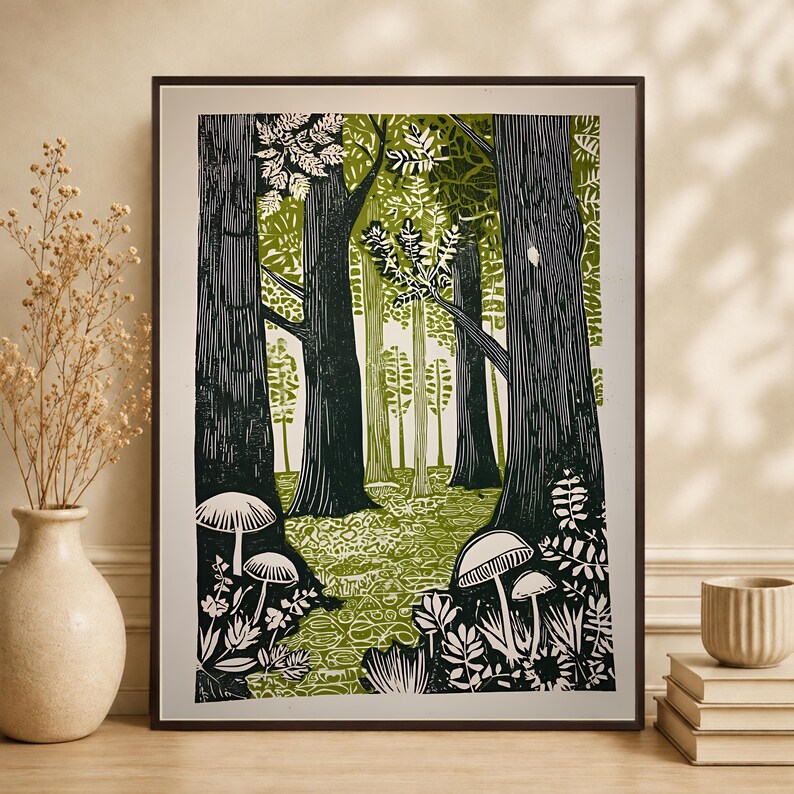 Green Folk Art Forest Mushrooms Print, Scandinavian Nature Landscape image 2